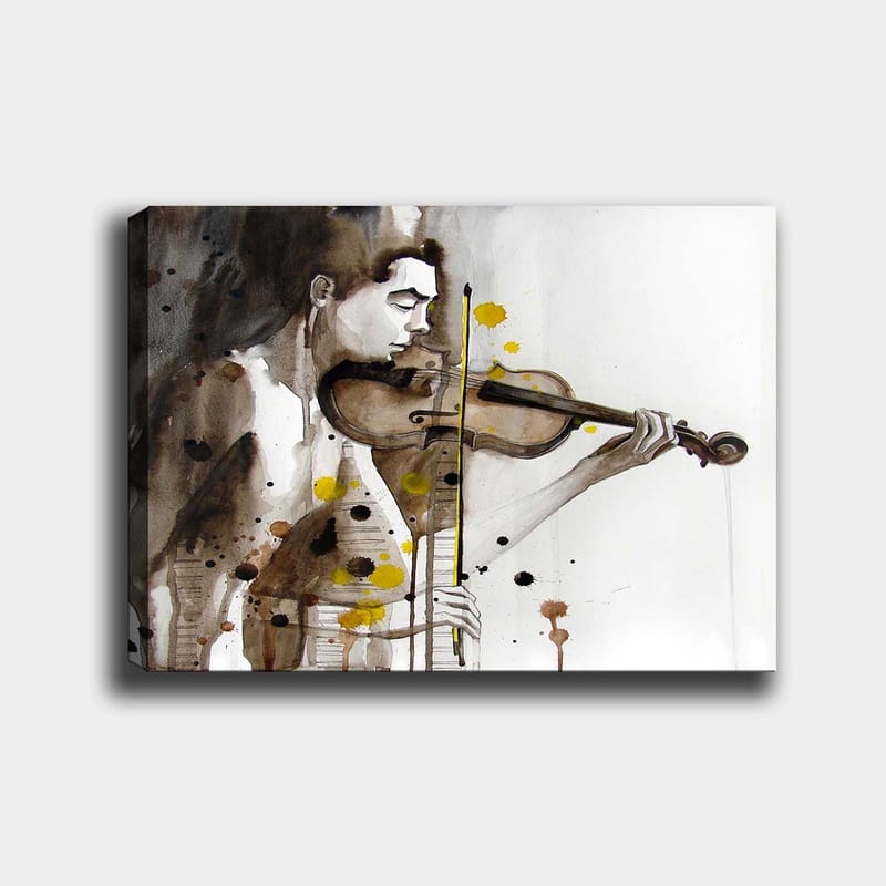 Lærred 70x100 cm - Musiker spiller violin, fanget i en følelsesladet og udtryksfuld stil - Brun / Gul / Sort - Boligtilbehør - Billeder & kunst - Billeder på lærred