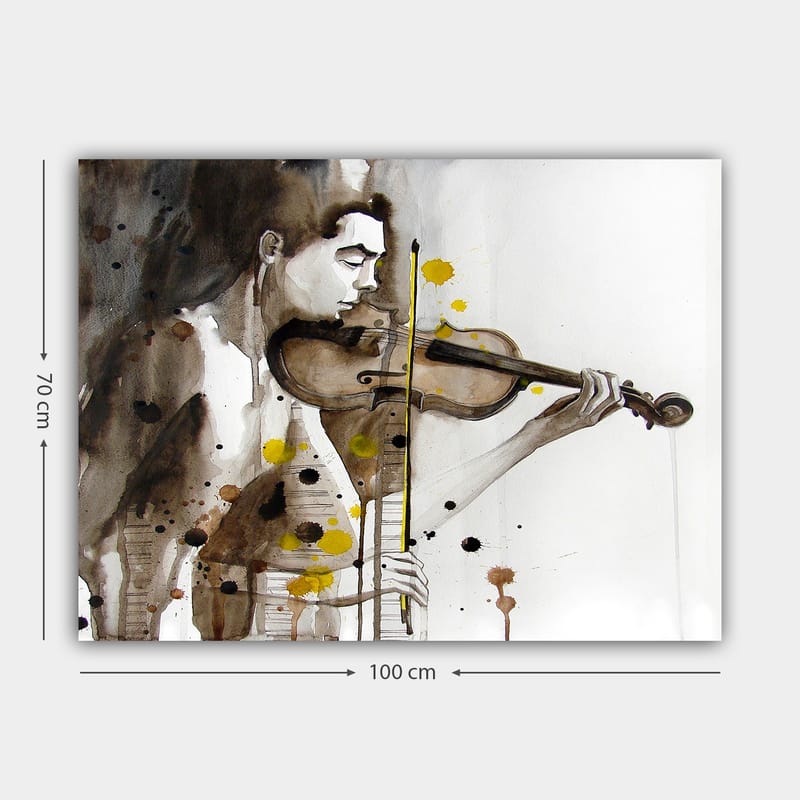 Lærred 70x100 cm - Musiker spiller violin, fanget i en følelsesladet og udtryksfuld stil - Brun / Gul / Sort - Boligtilbehør - Billeder & kunst - Billeder på lærred