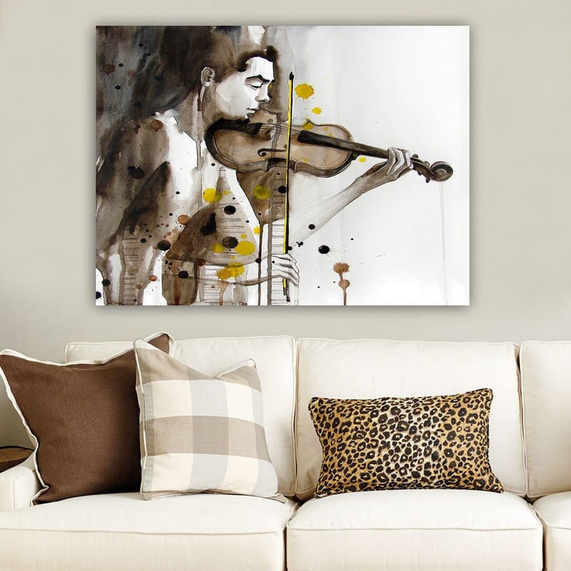 Lærred 70x100 cm - Musiker spiller violin, fanget i en følelsesladet og udtryksfuld stil, Brun / Gul / Sort