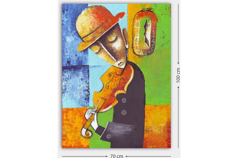 Lærred 70x100 cm - Musiker spiller violin, klædt i sort med en gul hat, omgivet af farverige geometriske former - Orange / Grøn / Blå - Boligtilbehør - Billeder & kunst - Billeder på lærred