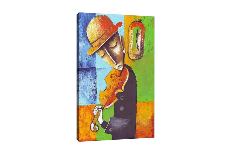 Lærred 70x100 cm - Musiker spiller violin, klædt i sort med en gul hat, omgivet af farverige geometriske former, Orange / Grøn / Blå