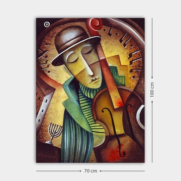Lærred 70x100 cm - Musiker spiller violin med et melankolsk udtryk og en stiliseret baggrund - Brun / Grøn / Gul - Boligtilbehør - Billeder & kunst - Billeder på lærred