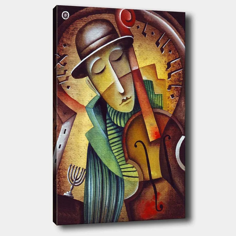 Lærred 70x100 cm - Musiker spiller violin med et melankolsk udtryk og en stiliseret baggrund, Brun / Grøn / Gul