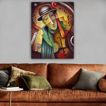 Lærred 70x100 cm - Musiker spiller violin med et melankolsk udtryk og en stiliseret baggrund - Brun / Grøn / Gul - Boligtilbehør - Billeder & kunst - Billeder på lærred
