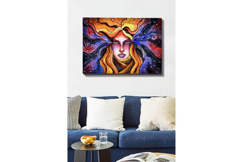 Lærred 70x100 cm - Mystisk kvinde med flagrende hår, der strækker sig ud i en stjerneklar himmel - Orange / Lilla / Guld - Boligtilbehør - Billeder & kunst - Billeder på lærred
