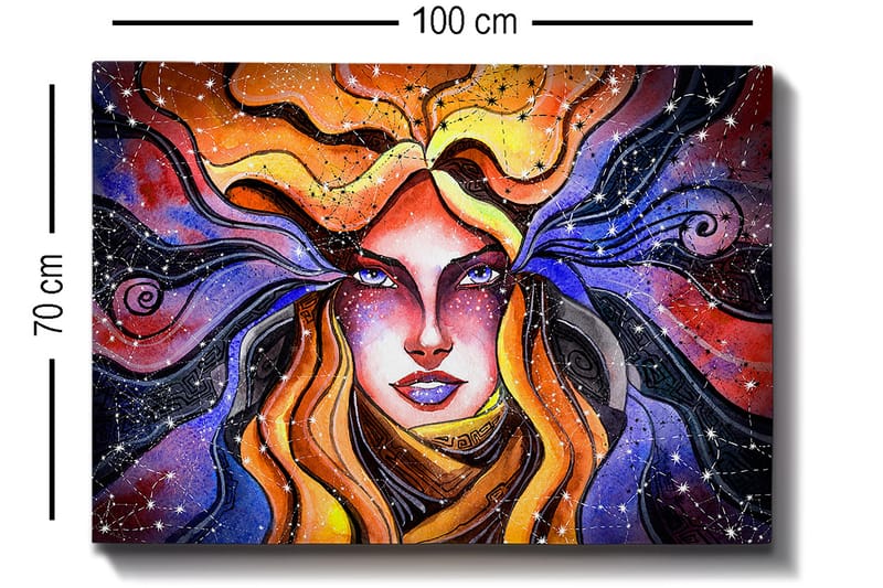 Lærred 70x100 cm - Mystisk kvinde med flagrende hår, der strækker sig ud i en stjerneklar himmel - Orange / Lilla / Guld - Boligtilbehør - Billeder & kunst - Billeder på lærred