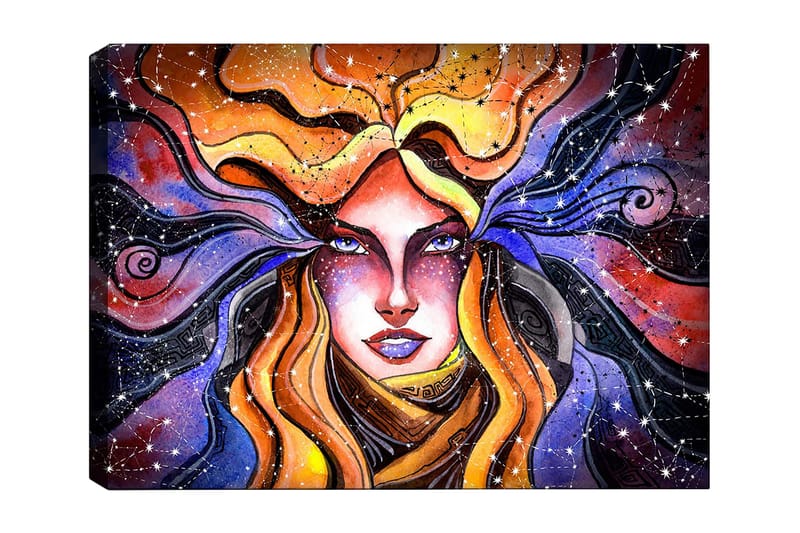 Lærred 70x100 cm - Mystisk kvinde med flagrende hår, der strækker sig ud i en stjerneklar himmel, Orange / Lilla / Guld