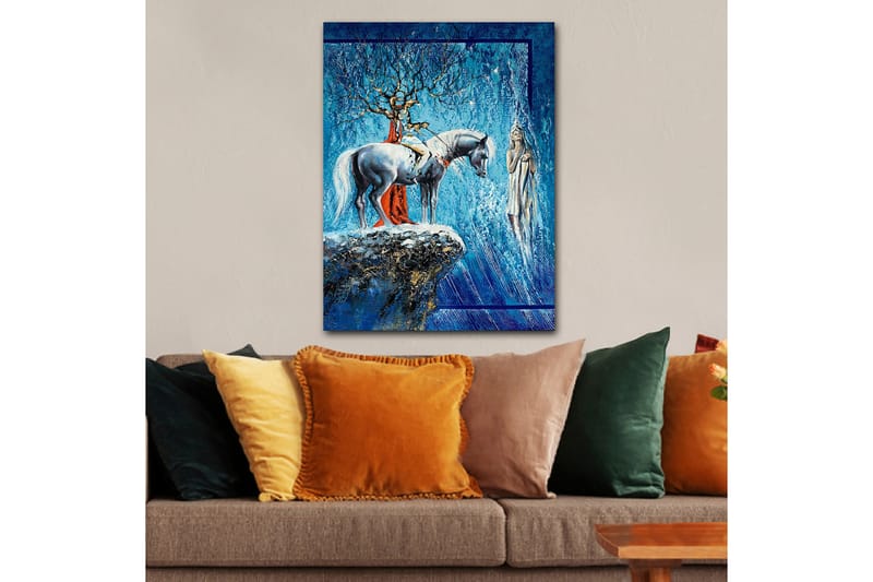 Lærred 70x100 cm - Mystisk scene med en hest og en kvinde i et drømmeagtigt miljø, Blå / Hvid / Rød