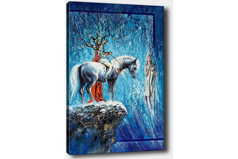 Lærred 70x100 cm - Mystisk scene med en hest og en kvinde i et drømmeagtigt miljø - Blå / Hvid / Rød - Boligtilbehør - Billeder & kunst - Billeder på lærred