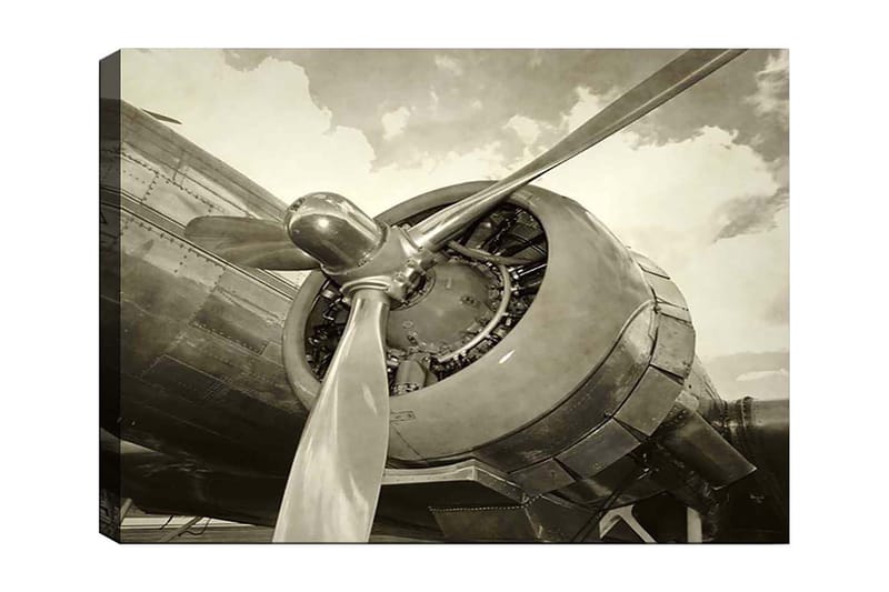 Lærred 70x100 cm - Nærbillede af en flypropel og motor i vintagestil, Grå / Sølv