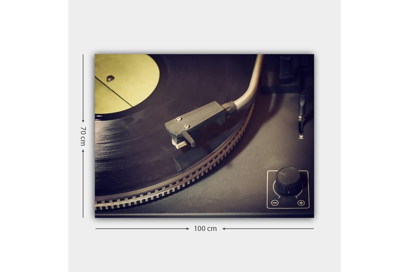 Lærred 70x100 cm - Nærbillede af en pladespiller med en vinylplade og tonearm - Sort / Grå / Gul - Boligtilbehør - Billeder & kunst - Billeder på lærred
