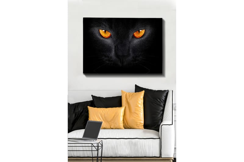 Lærred 70x100 cm - Nærbillede af et sort kattehoved med intense øjne, Sort / Orange