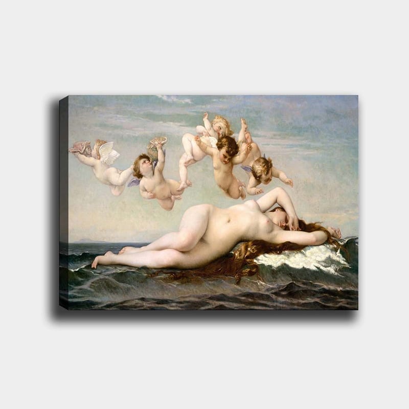 Lærred 70x100 cm - Nøgen kvinde liggende på havets bølger omgivet af legende engle, Beige / Himmelblå / Havgrøn