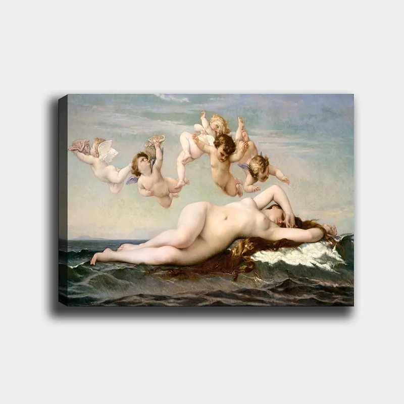 Lærred 70x100 cm - Nøgen kvinde liggende på havets bølger omgivet af legende engle, Beige / Himmelblå / Havgrøn
