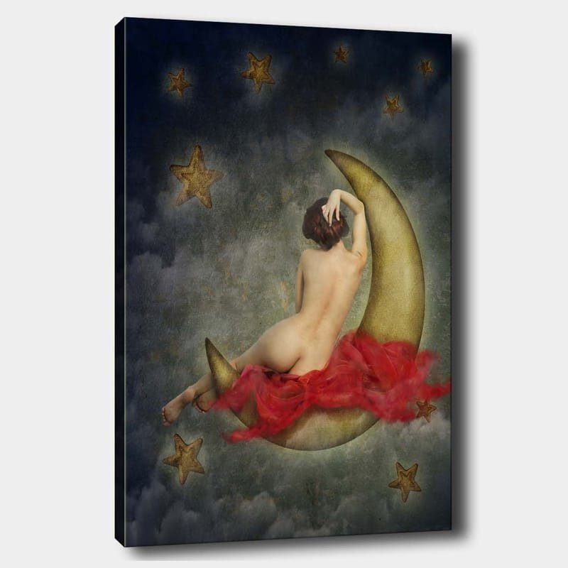 Lærred 70x100 cm - Nøgen kvinde siddende på en halvmåne omgivet af stjerner og skyer, Guld / Rød / Beige