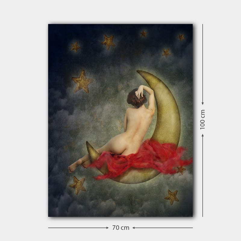 Lærred 70x100 cm - Nøgen kvinde siddende på en halvmåne omgivet af stjerner og skyer - Guld / Rød / Beige - Boligtilbehør - Billeder & kunst - Billeder på lærred