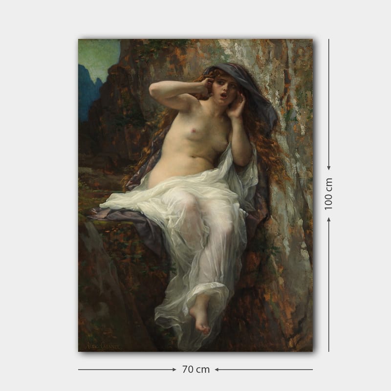 Lærred 70x100 cm - Nøgen kvinde siddende på en klippe med en dramatisk og udtryksfuld positur - Beige / Hvid / Mørkegrå - Boligtilbehør - Billeder & kunst - Billeder på lærred