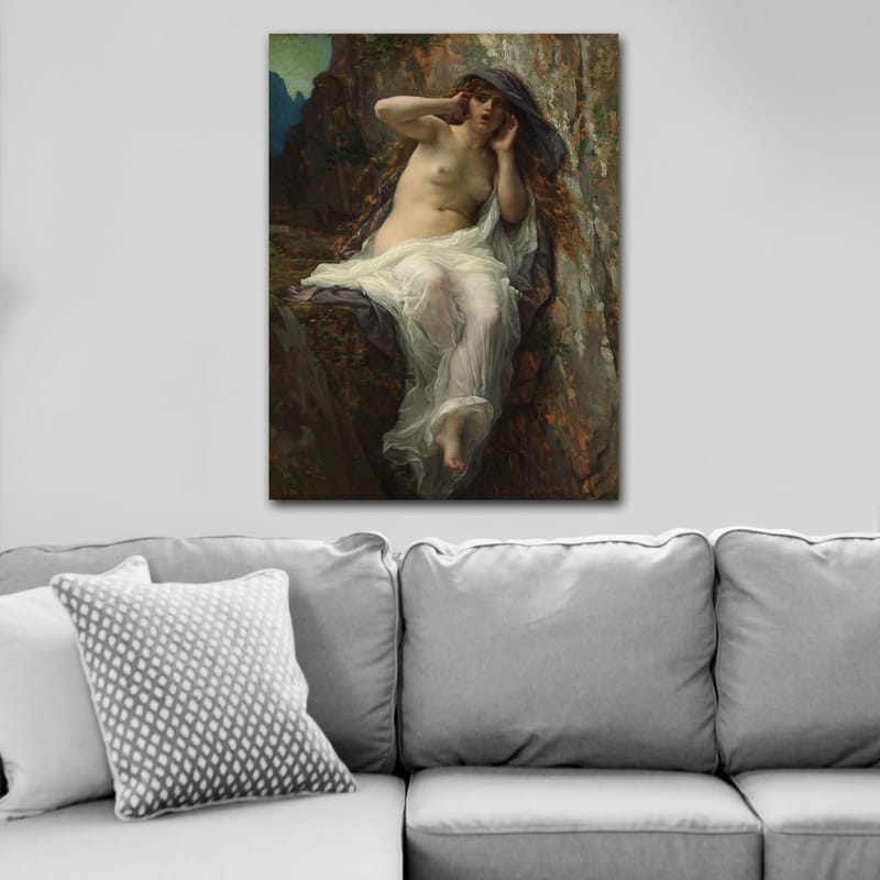 Lærred 70x100 cm - Nøgen kvinde siddende på en klippe med en dramatisk og udtryksfuld positur, Beige / Hvid / Mørkegrå