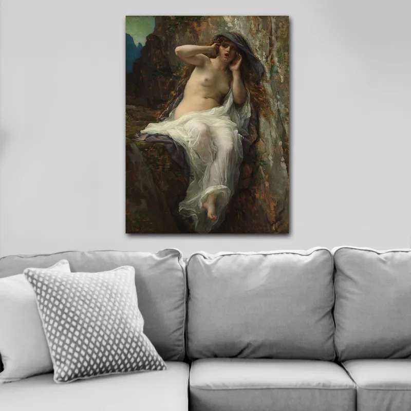 Lærred 70x100 cm - Nøgen kvinde siddende på en klippe med en dramatisk og udtryksfuld positur, Beige / Hvid / Mørkegrå