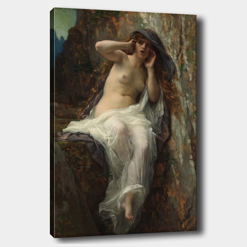 Lærred 70x100 cm - Nøgen kvinde siddende på en klippe med en dramatisk og udtryksfuld positur - Beige / Hvid / Mørkegrå - Boligtilbehør - Billeder & kunst - Billeder på lærred