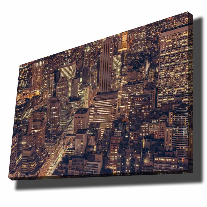 Lærred 70x100 cm - Natudsigt over en storby med funklende lys fra bygninger og gader, Mørkeblå / Guld / Grå