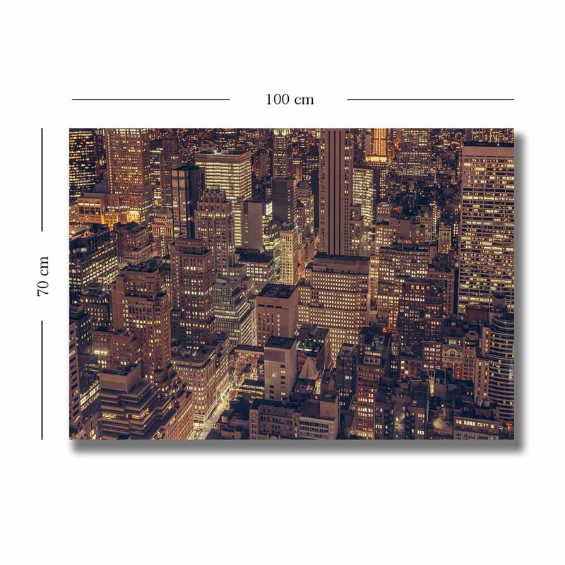 Lærred 70x100 cm - Natudsigt over en storby med funklende lys fra bygninger og gader - Mørkeblå / Guld / Grå - Boligtilbehør - Billeder & kunst - Billeder på lærred