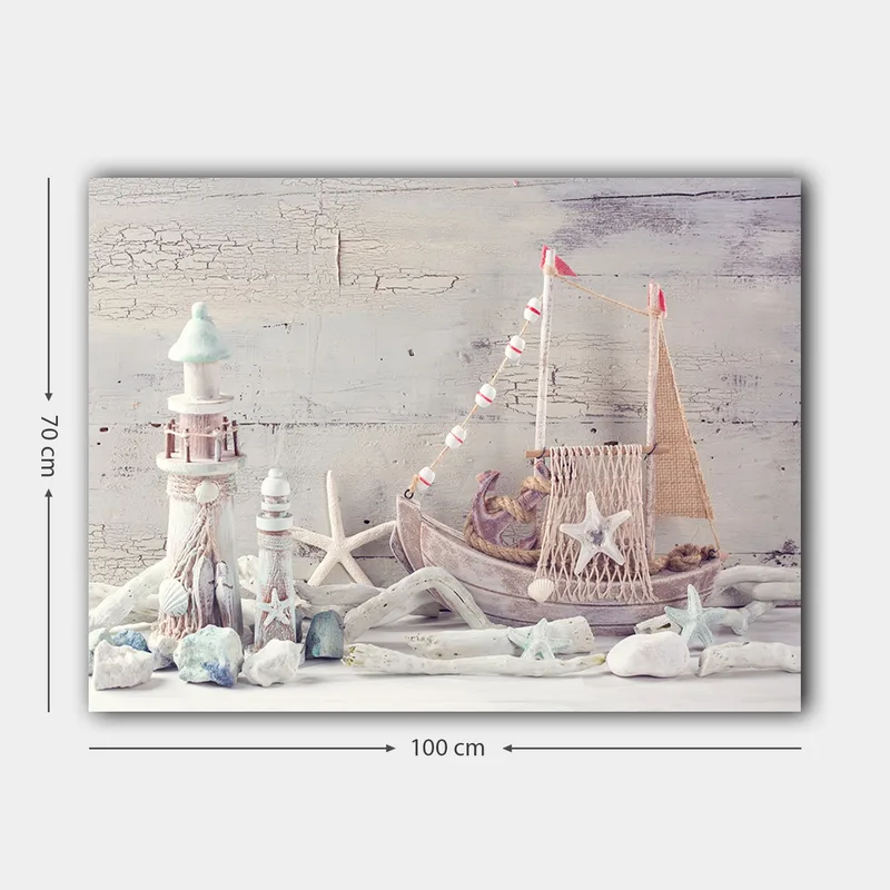 Lærred 70x100 cm - Nautisk komposition med en båd, søstjerner og lanterner i maritim stil - Blå / Hvid / Beige - Boligtilbehør - Billeder & kunst - Billeder på lærred