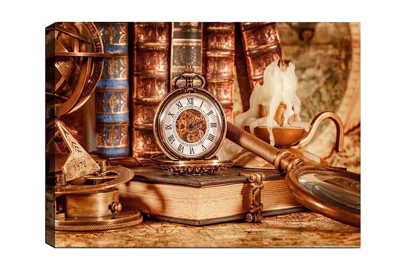 Lærred 70x100 cm - Nostalgisk samling af antikke genstande, herunder et lommeur, bøger og en lysestage, Guld / Brun / Beige