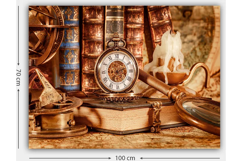 Lærred 70x100 cm - Nostalgisk samling af antikke genstande, herunder et lommeur, bøger og en lysestage - Guld / Brun / Beige - Boligtilbehør - Billeder & kunst - Billeder på lærred