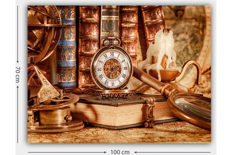 Lærred 70x100 cm - Nostalgisk samling af antikke genstande, herunder et lommeur, bøger og en lysestage - Guld / Brun / Beige - Boligtilbehør - Billeder & kunst - Billeder på lærred