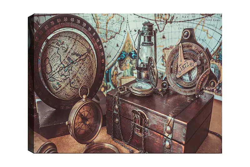 Lærred 70x100 cm - Nostalgisk samling af navigationsværktøjer og en globus, der fremhæver eventyr og udforskning, Brun / Guld / Blå