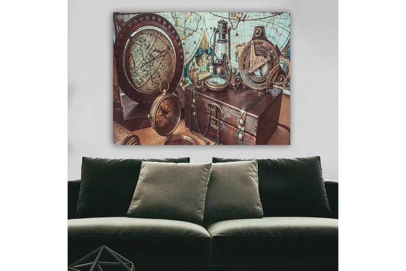 Lærred 70x100 cm - Nostalgisk samling af navigationsværktøjer og en globus, der fremhæver eventyr og udforskning - Brun / Guld / Blå - Boligtilbehør - Billeder & kunst - Billeder på lærred