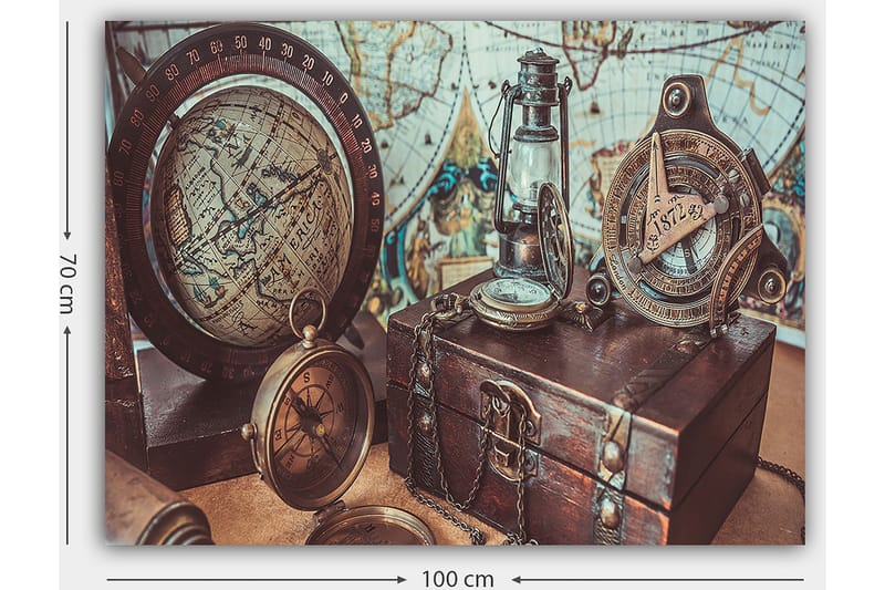 Lærred 70x100 cm - Nostalgisk samling af navigationsværktøjer og en globus, der fremhæver eventyr og udforskning - Brun / Guld / Blå - Boligtilbehør - Billeder & kunst - Billeder på lærred
