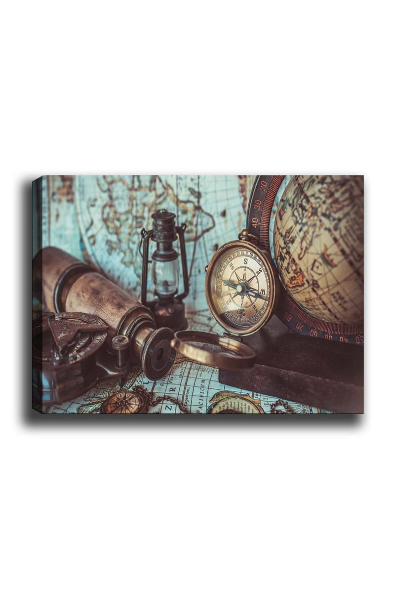 Lærred 70x100 cm - Nostalgisk samling af navigationsværktøjer og et gammelt kort, Brun / Guld / Grøn