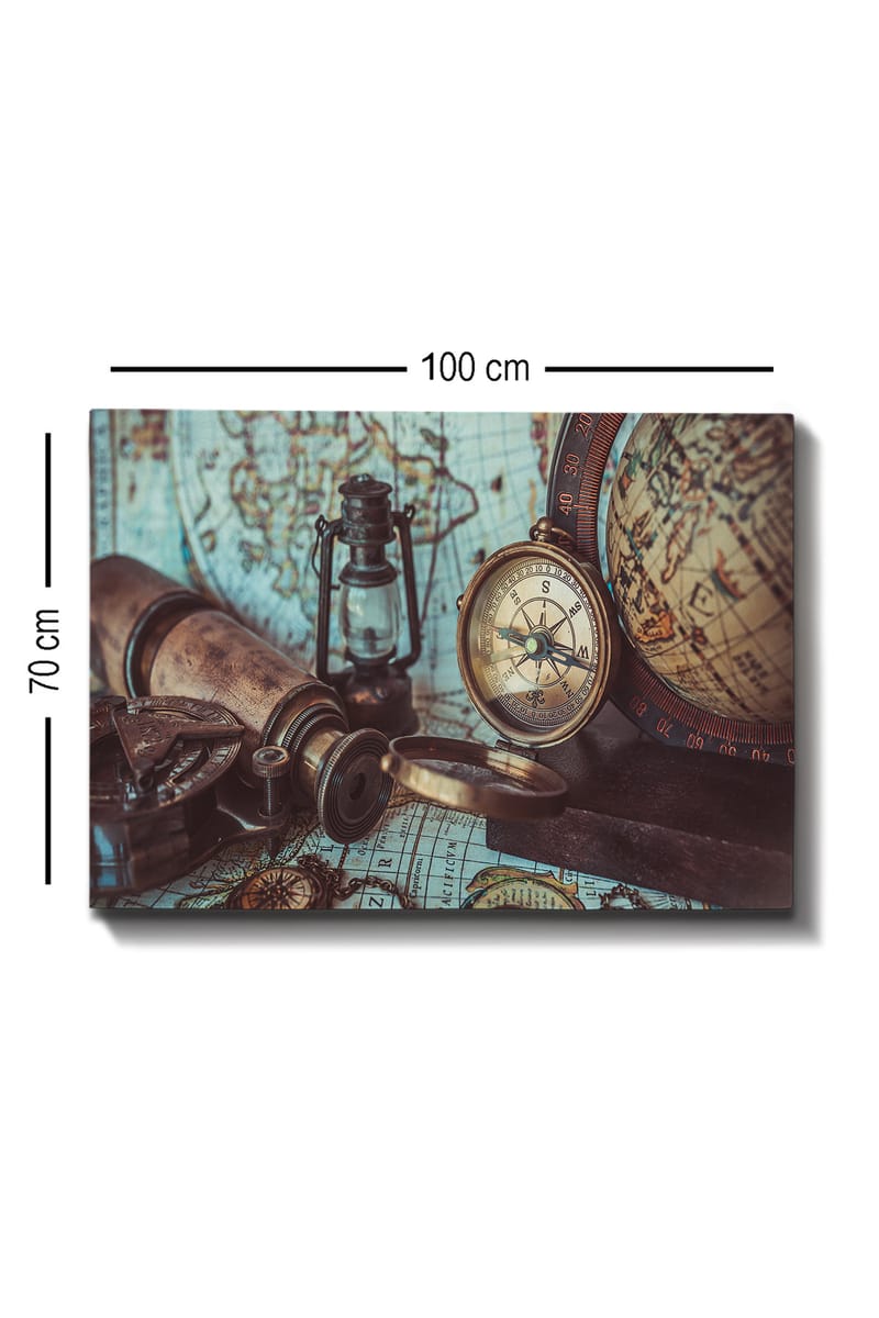 Lærred 70x100 cm - Nostalgisk samling af navigationsværktøjer og et gammelt kort - Brun / Guld / Grøn - Boligtilbehør - Billeder & kunst - Billeder på lærred