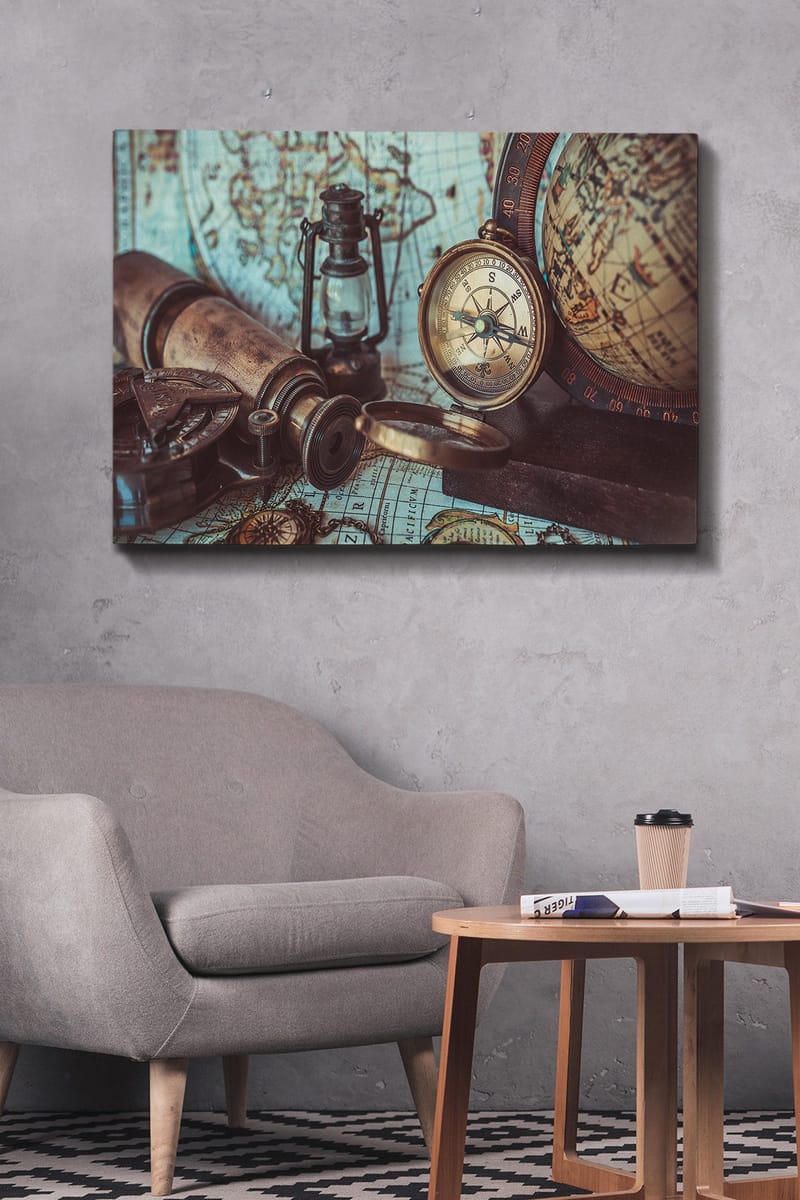 Lærred 70x100 cm - Nostalgisk samling af navigationsværktøjer og et gammelt kort - Brun / Guld / Grøn - Boligtilbehør - Billeder & kunst - Billeder på lærred