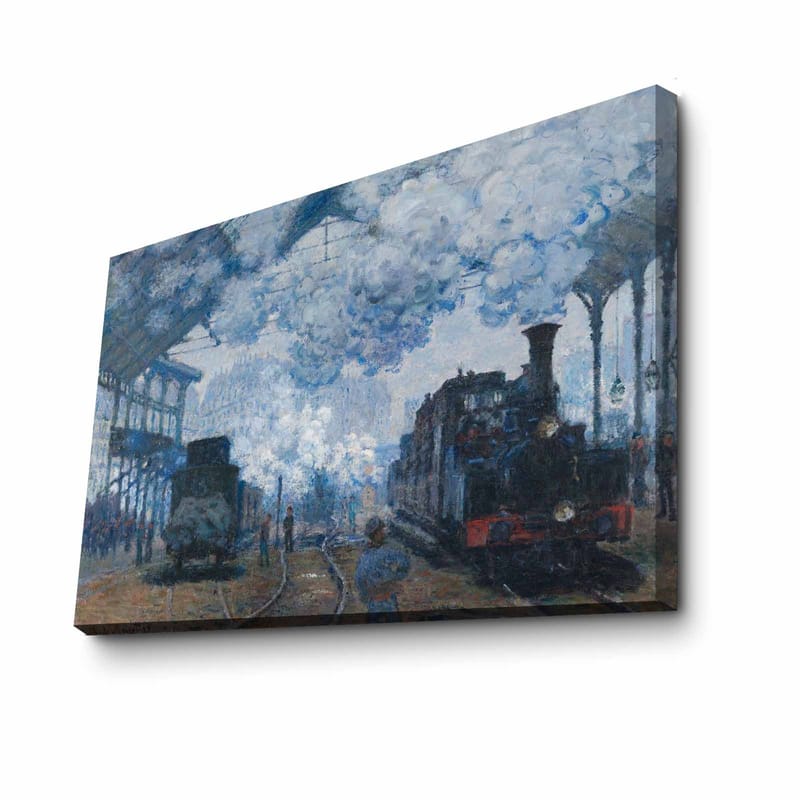 Lærred 70x100 cm - Nostalgisk skildring af en togstation med damplokomotiver og mennesker i bevægelse - Blå / Grå / Brun - Boligtilbehør - Billeder & kunst - Billeder på lærred