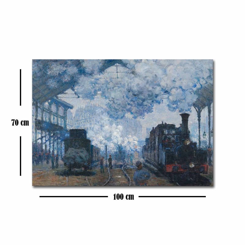 Lærred 70x100 cm - Nostalgisk skildring af en togstation med damplokomotiver og mennesker i bevægelse - Blå / Grå / Brun - Boligtilbehør - Billeder & kunst - Billeder på lærred