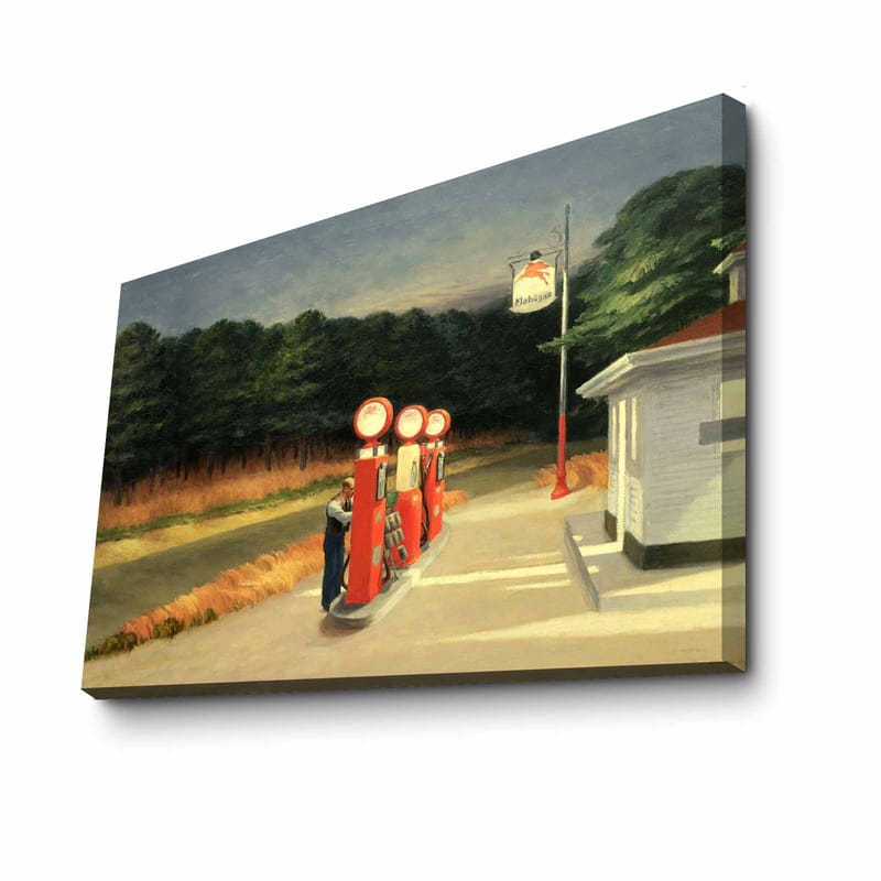 Lærred 70x100 cm - Nostalgisk tankstation med vintagepumper i naturskønne omgivelser - Rød / Grøn / Blå - Boligtilbehør - Billeder & kunst - Billeder på lærred