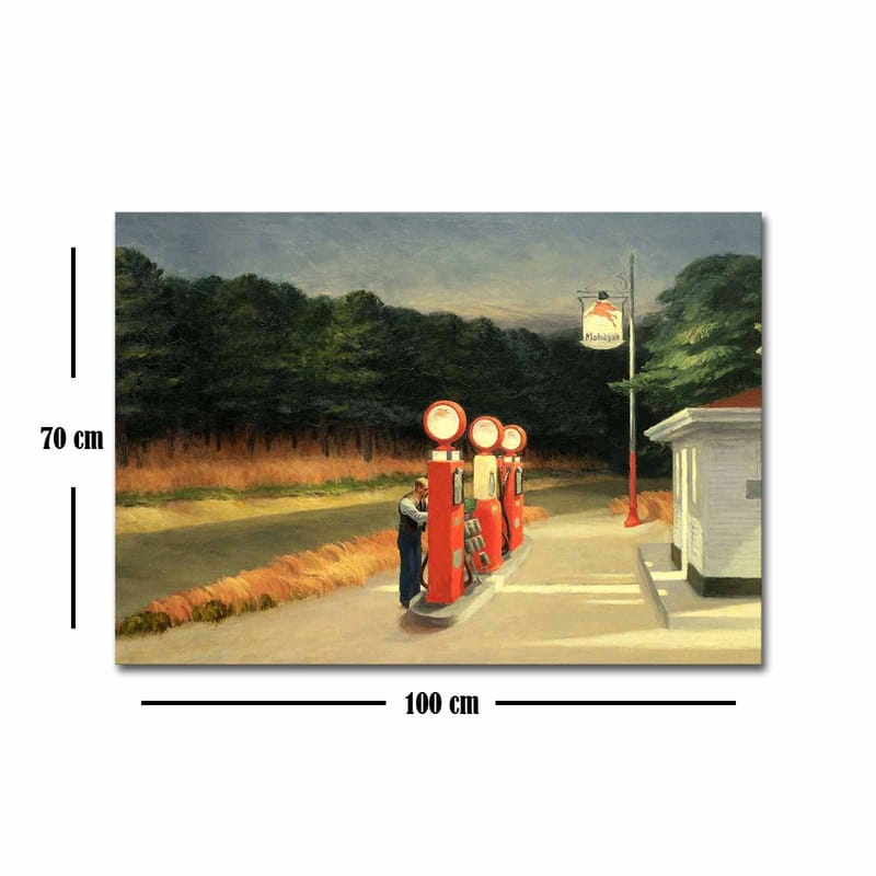 Lærred 70x100 cm - Nostalgisk tankstation med vintagepumper i naturskønne omgivelser - Rød / Grøn / Blå - Boligtilbehør - Billeder & kunst - Billeder på lærred