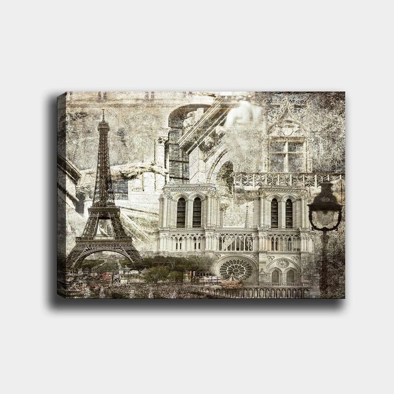 Lærred 70x100 cm - Nostalgisk udsigt over Paris med Eiffeltårnet og Notre-Dame i fokus, Grå / Beige / Sort