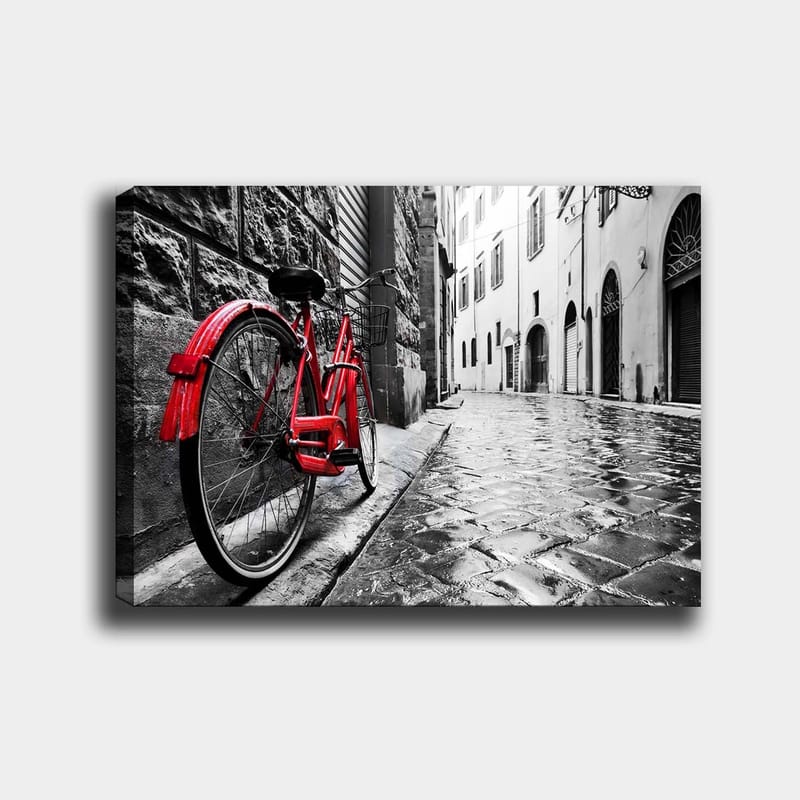 Lærred 70x100 cm - Rød cykel lænet op ad en væg i et sort-hvidt bymiljø, Rød / Sort / Grå