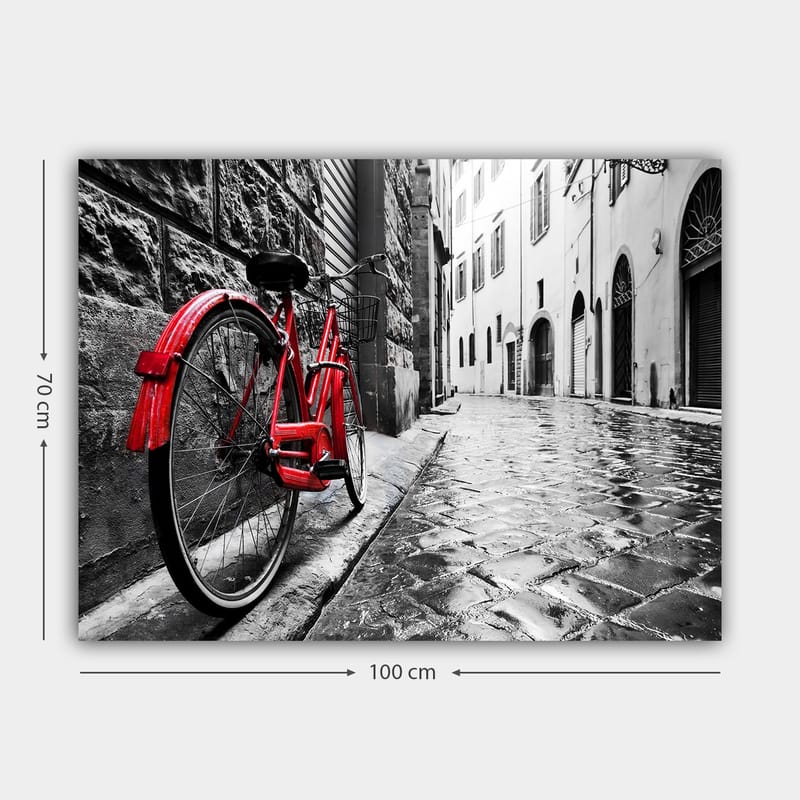 Lærred 70x100 cm - Rød cykel lænet op ad en væg i et sort-hvidt bymiljø - Rød / Sort / Grå - Boligtilbehør - Billeder & kunst - Billeder på lærred