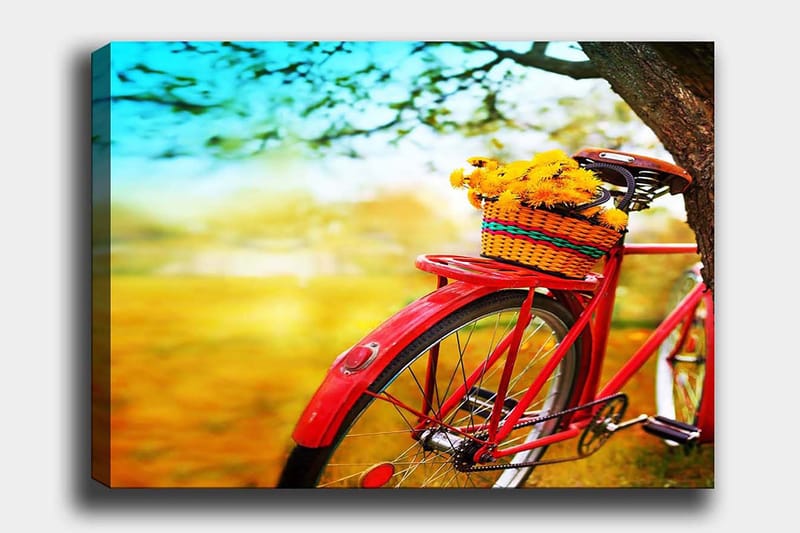 Lærred 70x100 cm - Rød cykel med en kurv fyldt med gule blomster, Rød / Gul / Grøn
