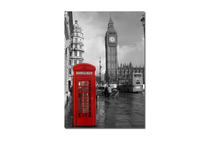 Lærred 70x100 cm - Rød telefonboks foran den ikoniske Big Ben i et sort-hvidt bymiljø, Rød / Sort
