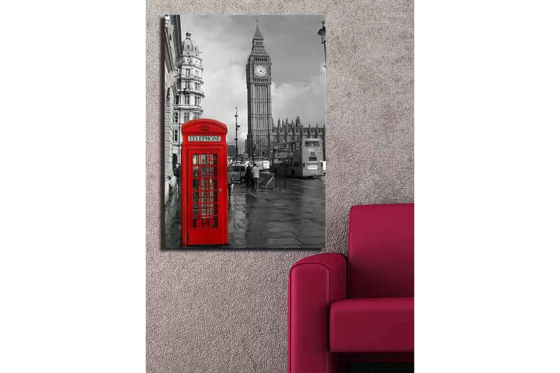 Lærred 70x100 cm - Rød telefonboks foran den ikoniske Big Ben i et sort-hvidt bymiljø - Rød / Sort - Boligtilbehør - Billeder & kunst - Billeder på lærred