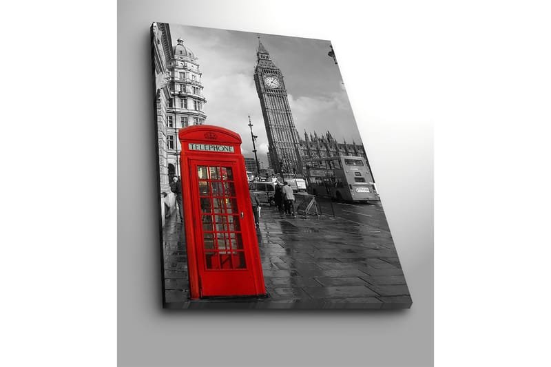 Lærred 70x100 cm - Rød telefonboks foran den ikoniske Big Ben i et sort-hvidt bymiljø - Rød / Sort - Boligtilbehør - Billeder & kunst - Billeder på lærred