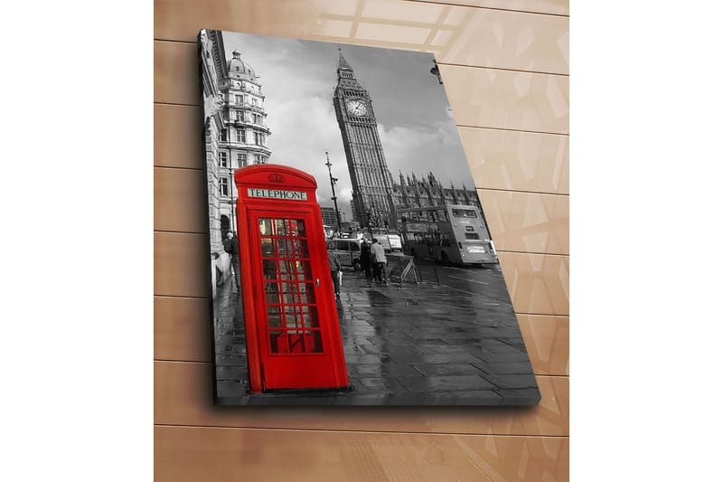 Lærred 70x100 cm - Rød telefonboks foran den ikoniske Big Ben i et sort-hvidt bymiljø - Rød / Sort - Boligtilbehør - Billeder & kunst - Billeder på lærred