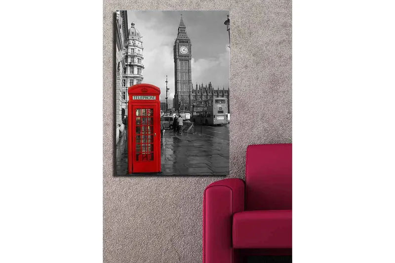 Lærred 70x100 cm - Rød telefonboks foran den ikoniske Big Ben i et sort-hvidt bymiljø - Rød / Sort - Boligtilbehør - Billeder & kunst - Billeder på lærred
