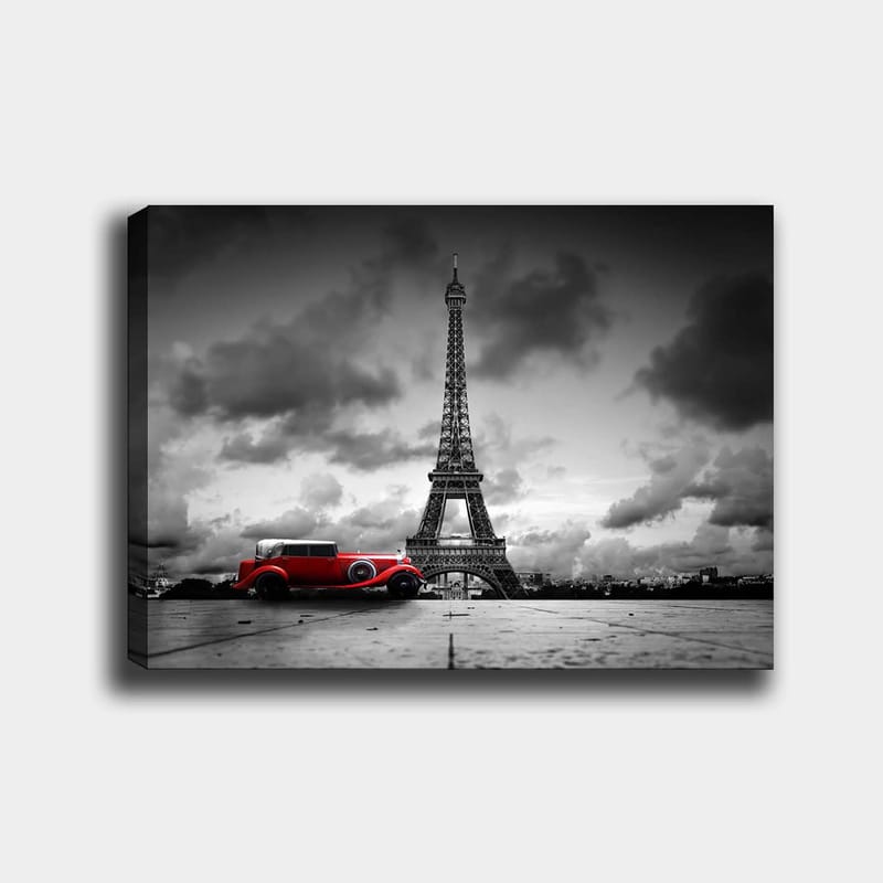 Lærred 70x100 cm - Rød veteranbil foran Eiffeltårnet i et sort-hvidt bymiljø - Rød / Sort / Hvid - Boligtilbehør - Billeder & kunst - Billeder på lærred